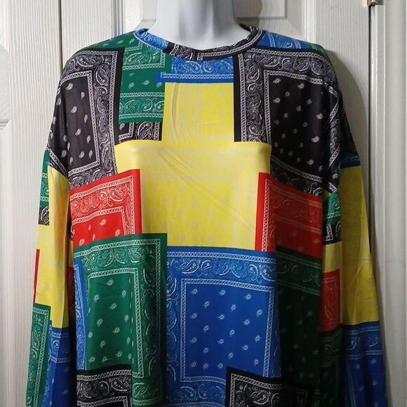 Multicolor bright bandana print blocked long sleeve dress - Picture 3 of 7